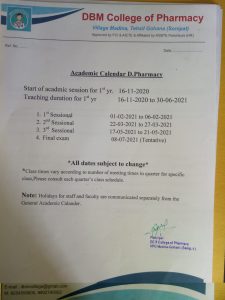 Academic Calender D.Pharmacy